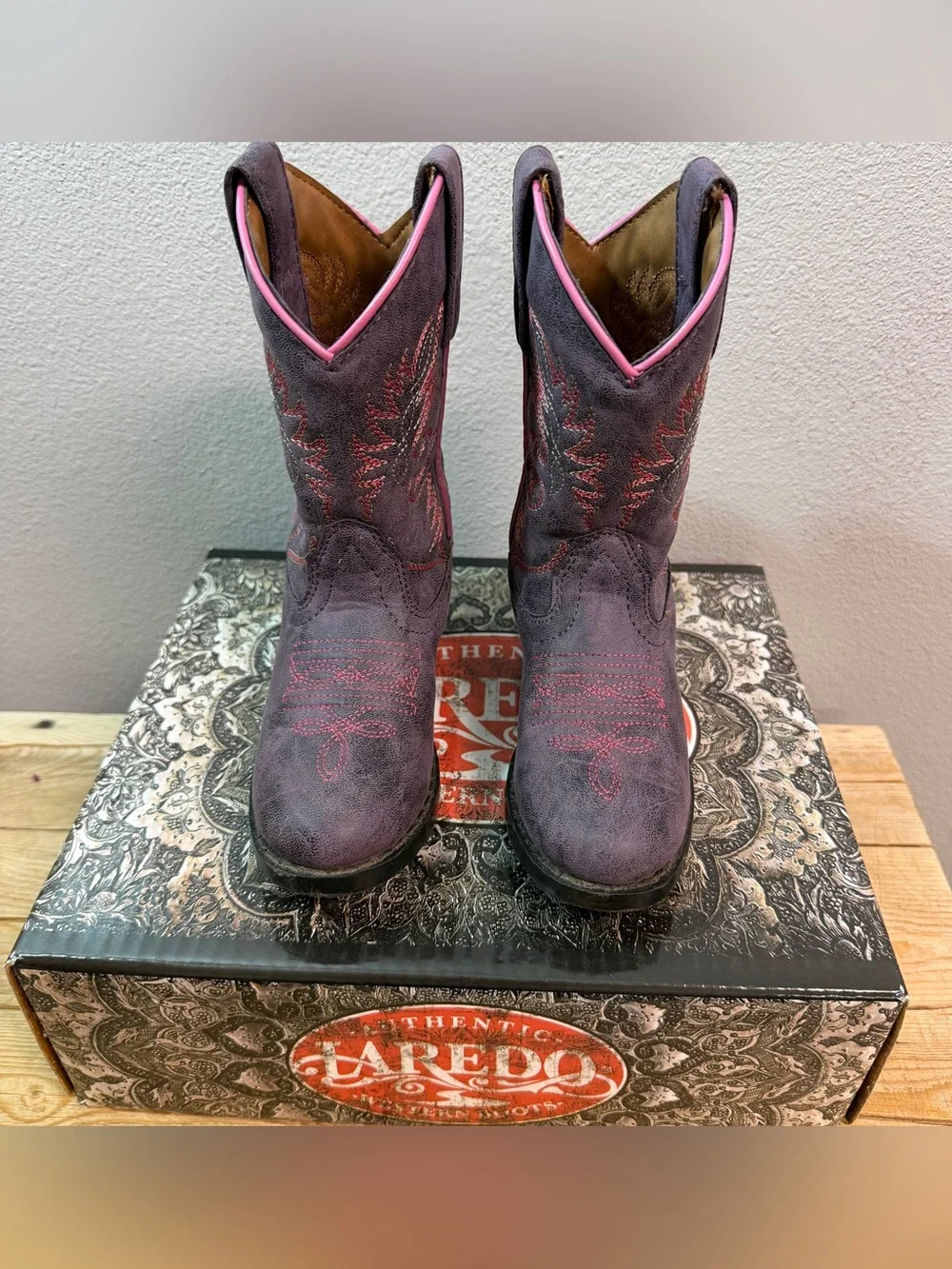 Laredo kids Purple Suede Western Ankle Boots with Pink Trim